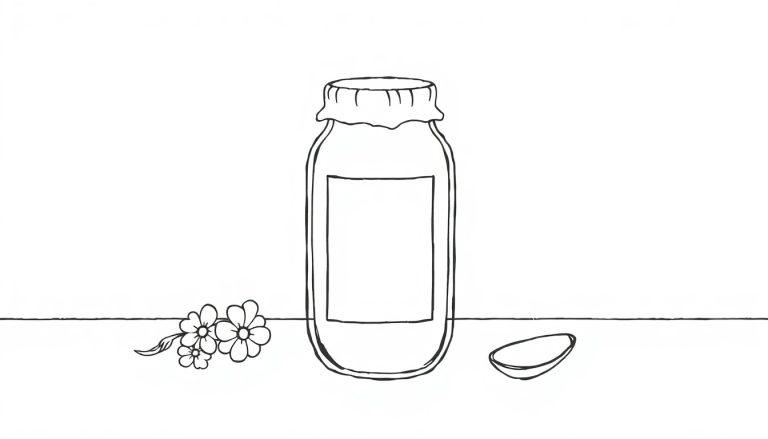 Lijntekening van een glazen pot, bloemen en een halve citroen.