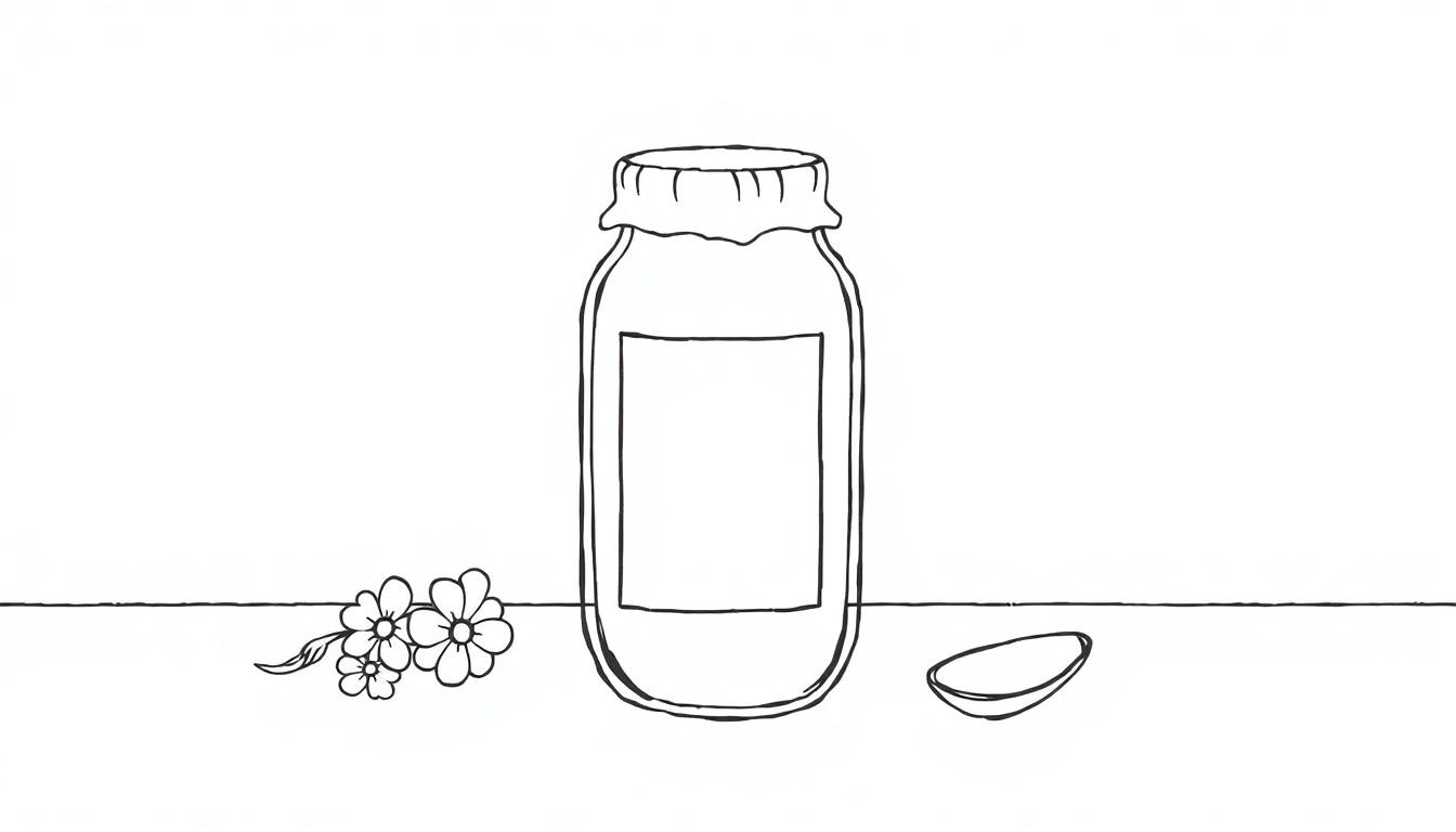 Lijntekening van een glazen pot, bloemen en een halve citroen.