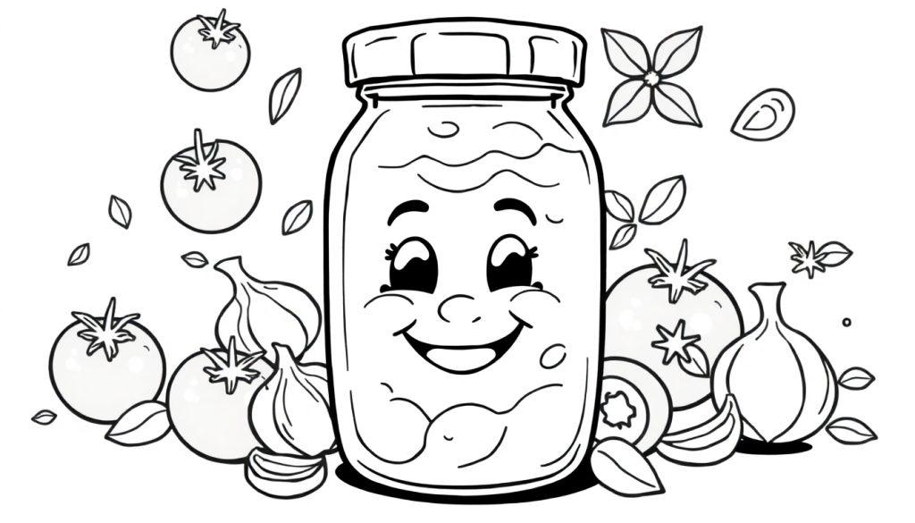 Kleurplaat van een lachende pot pastasaus omringd door vrolijke ingrediënten zoals tomaten, uien en basilicumblaadjes.