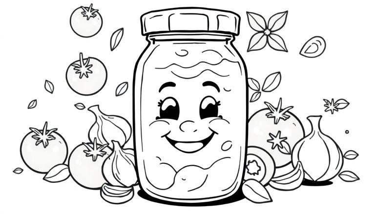Kleurplaat van een lachende pot pastasaus omringd door vrolijke ingrediënten zoals tomaten, uien en basilicumblaadjes.
