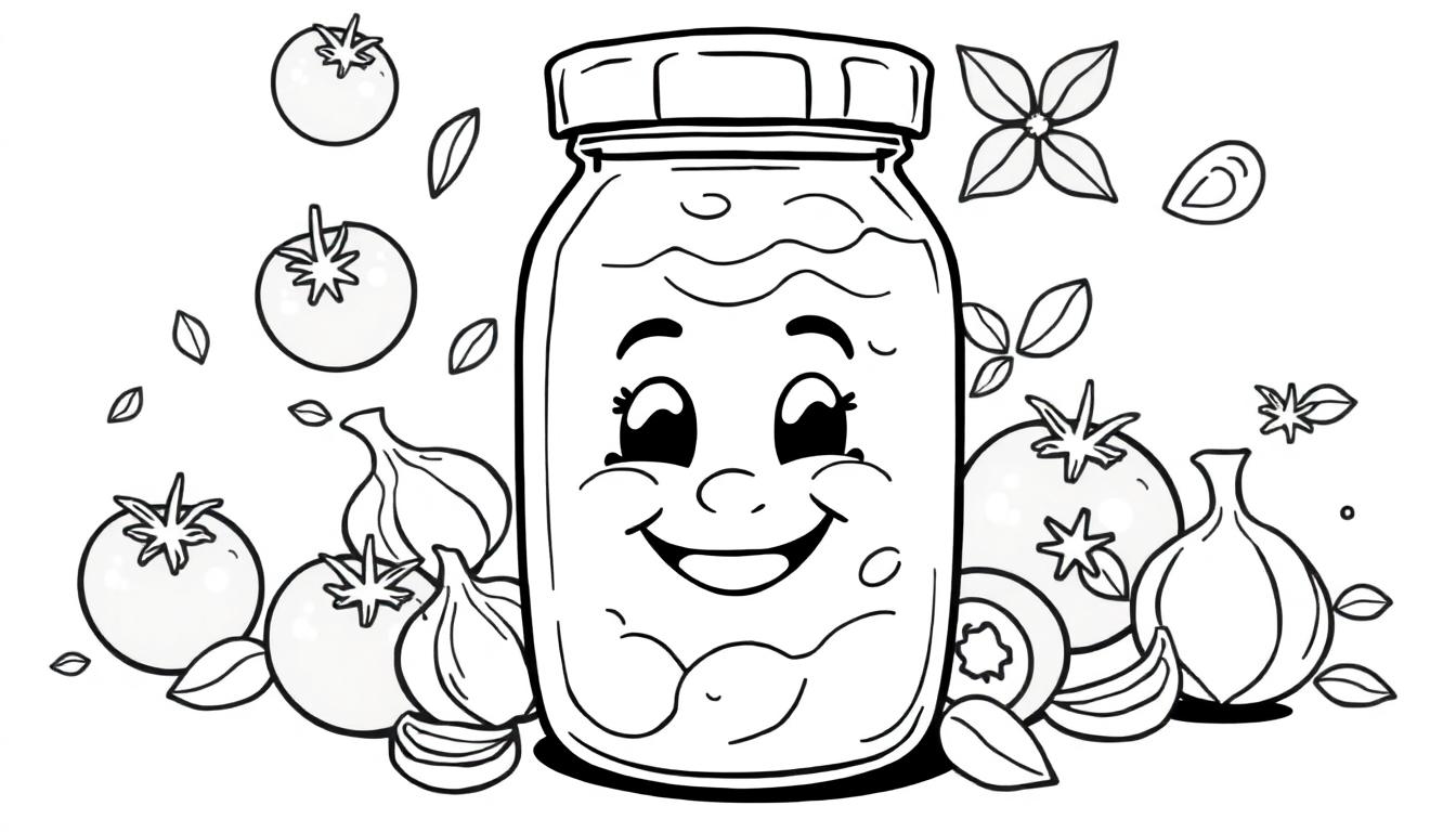 Kleurplaat van een lachende pot pastasaus omringd door vrolijke ingrediënten zoals tomaten, uien en basilicumblaadjes.