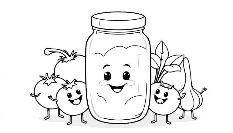 Kleurplaat van een lachend potje pastasaus, omringd door schattige lachende groenten zoals tomaat, ui, knoflook en basilicum.