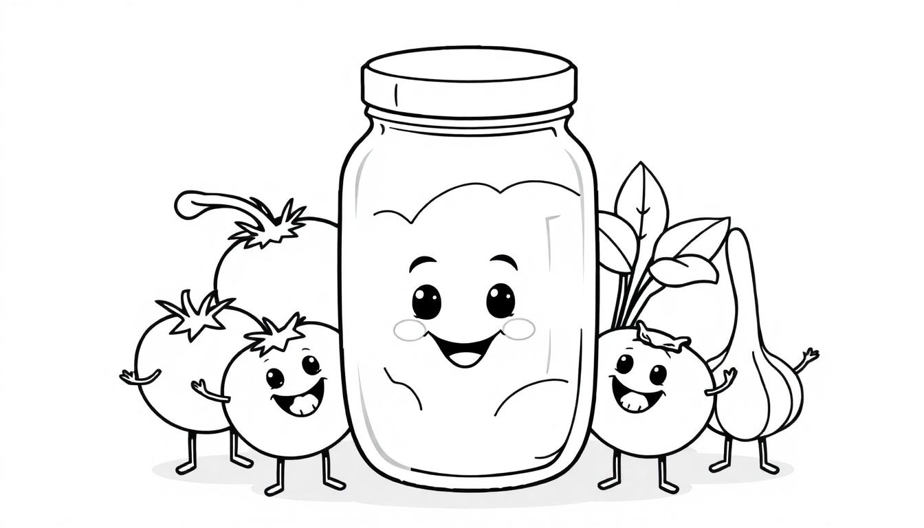 Kleurplaat van een lachend potje pastasaus, omringd door schattige lachende groenten zoals tomaat, ui, knoflook en basilicum.