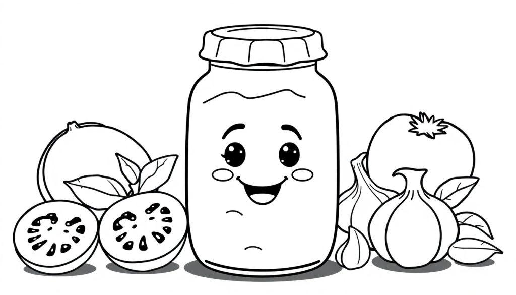 Kleurplaat van een lachend potje pastasaus omgeven door blije groenten zoals tomaat, ui, basilicum en knoflook.