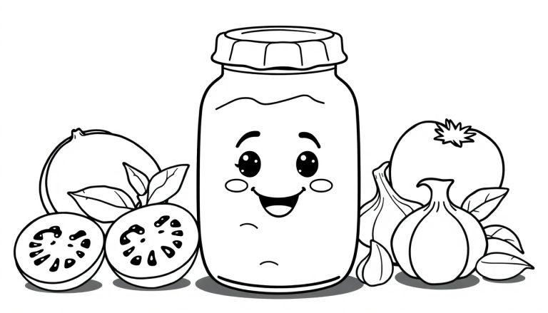 Kleurplaat van een lachend potje pastasaus omgeven door blije groenten zoals tomaat, ui, basilicum en knoflook.