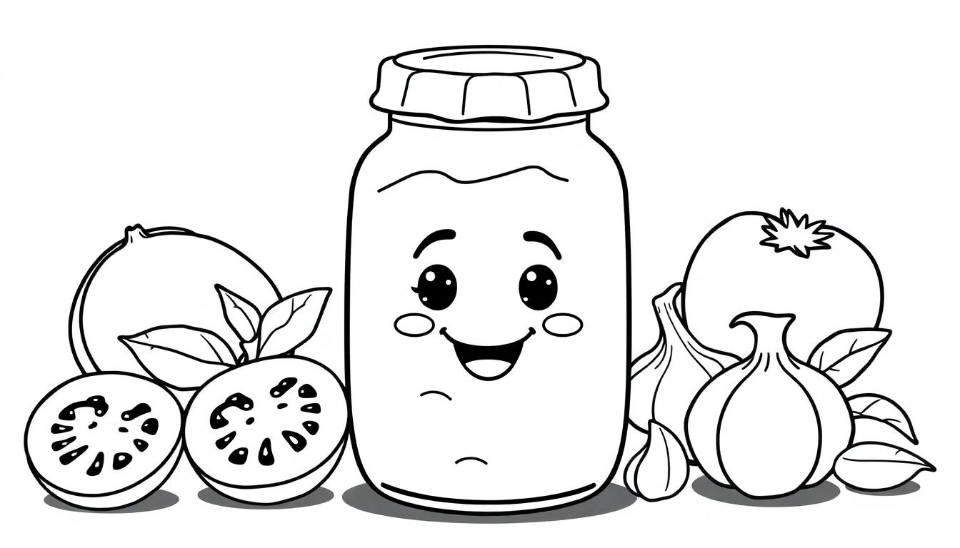 Kleurplaat van een lachend potje pastasaus omgeven door blije groenten zoals tomaat, ui, basilicum en knoflook.