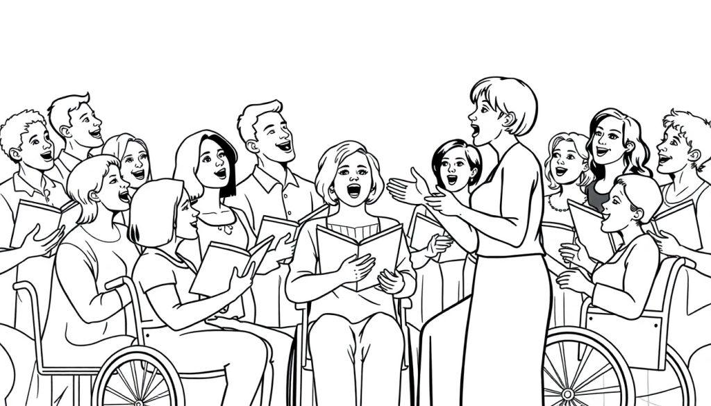 Kleurplaat van een groep mensen die in een kring zingen met een vrolijke dirigente. Inclusief mensen in rolstoelen.