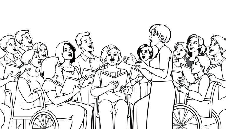 Kleurplaat van een groep mensen die in een kring zingen met een vrolijke dirigente. Inclusief mensen in rolstoelen.