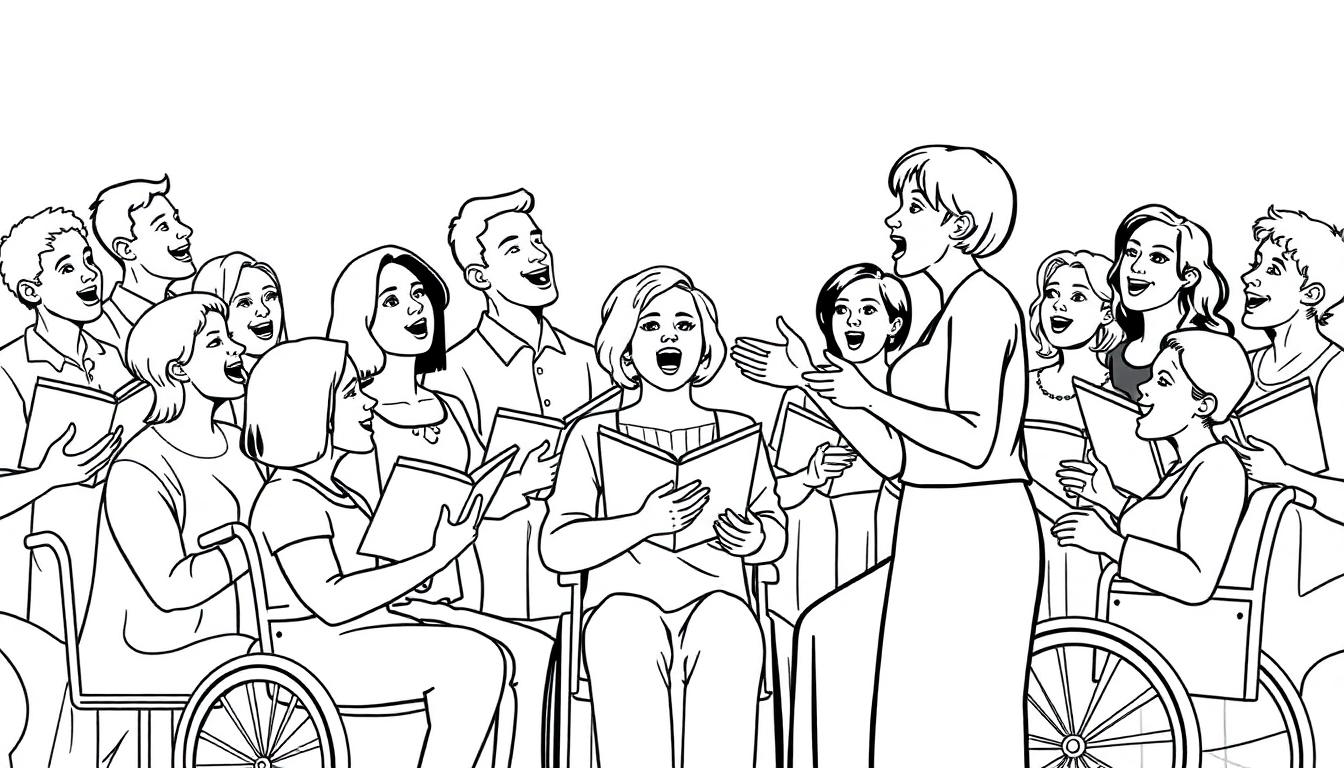Kleurplaat van een groep mensen die in een kring zingen met een vrolijke dirigente. Inclusief mensen in rolstoelen.