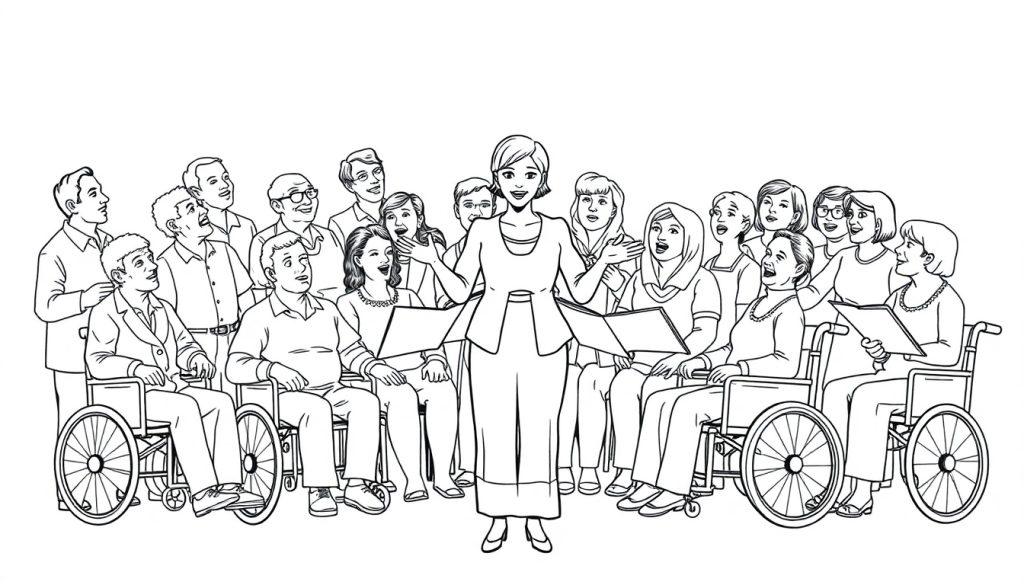 Kleurplaat van een koor met verschillende mensen, inclusief een dirigente en koorleden in rolstoelen, die samen vrolijk zingen.