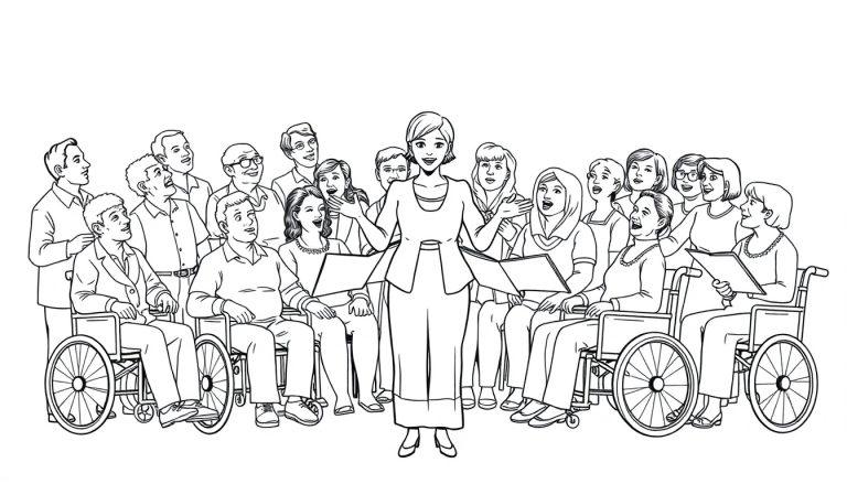 Kleurplaat van een koor met verschillende mensen, inclusief een dirigente en koorleden in rolstoelen, die samen vrolijk zingen.