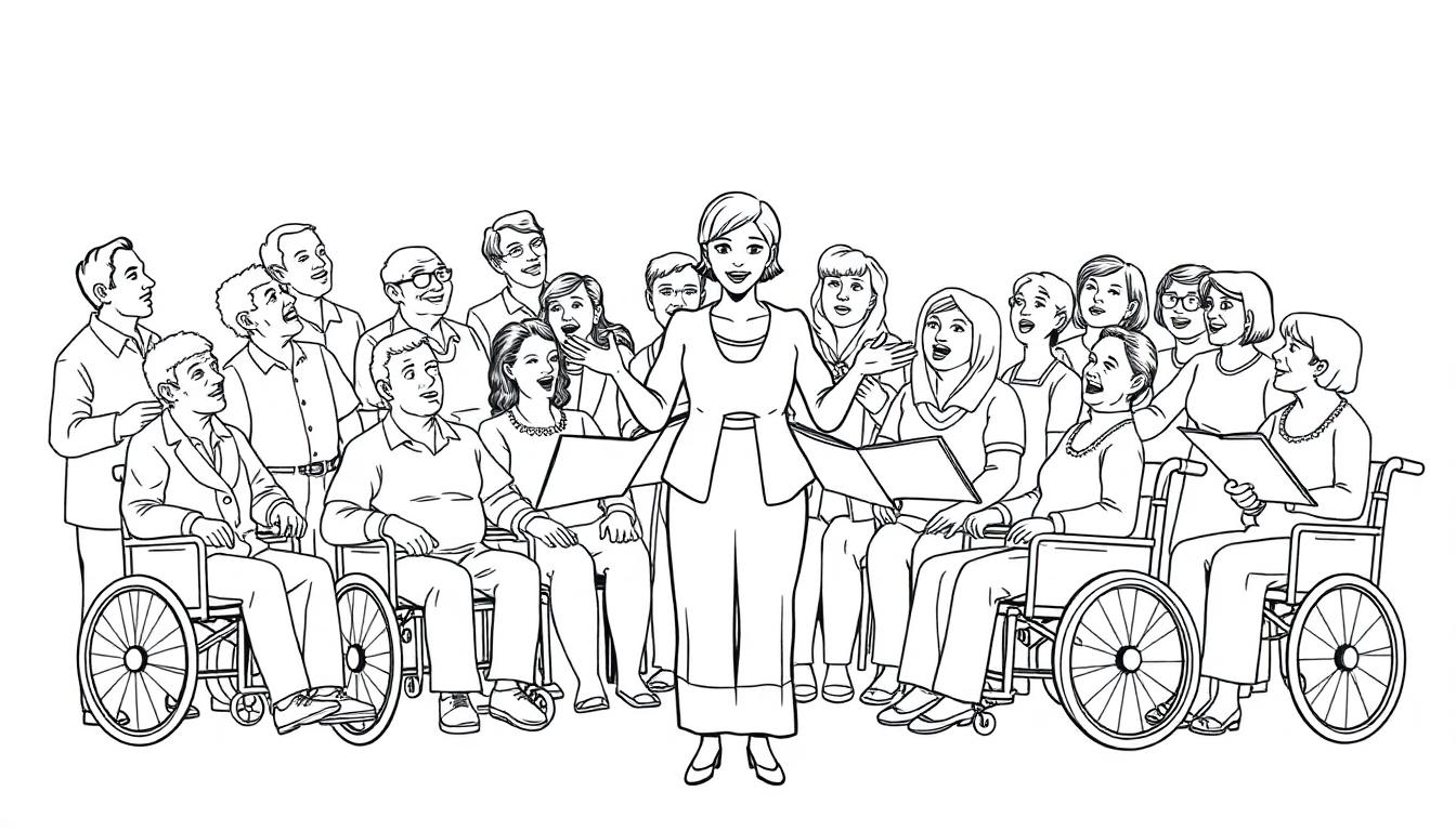 Kleurplaat van een koor met verschillende mensen, inclusief een dirigente en koorleden in rolstoelen, die samen vrolijk zingen.