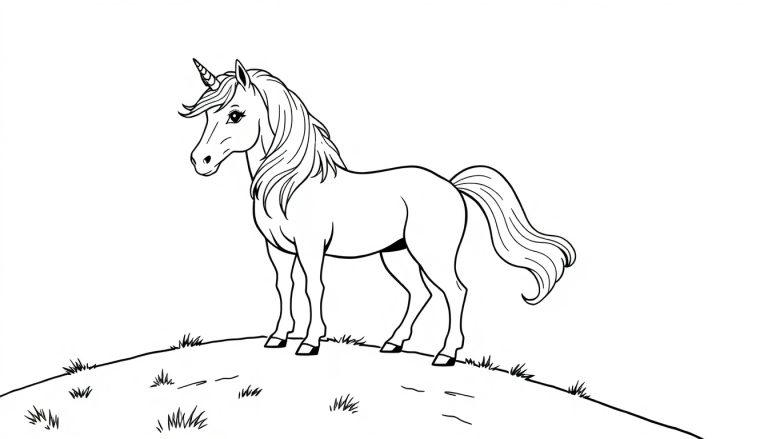 Zwarte-wit kleurplaat van een eenhoorn op een heuvel met golvende manen en een spiraalvormige hoorn.