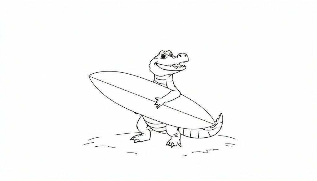 Kleurplaat van een lachende krokodil die een surfplank vasthoudt.