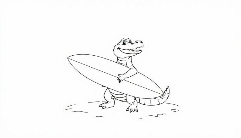 Kleurplaat van een lachende krokodil die een surfplank vasthoudt.
