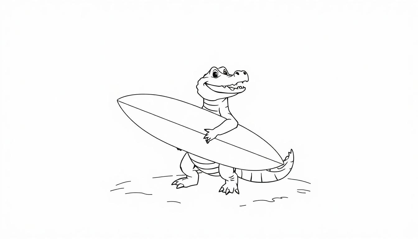 Kleurplaat van een lachende krokodil die een surfplank vasthoudt.