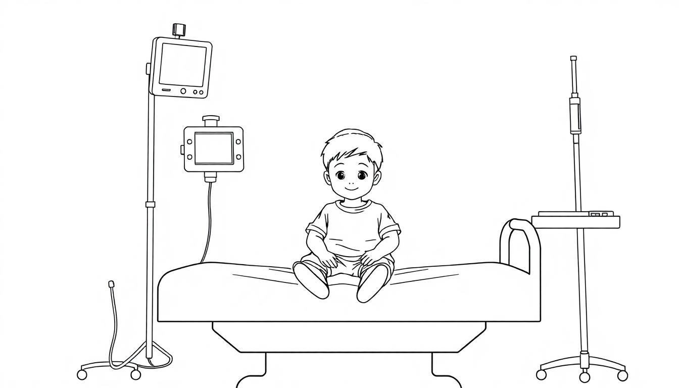 Kleurplaat van een lachend kind op een ziekenhuisbed met medische apparatuur eromheen.