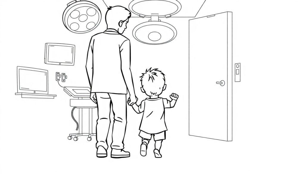 Kleurplaat van een kind en een volwassene die hand in hand lopen in een operatiekamer, met operatielampen en medische apparaten zichtbaar.
