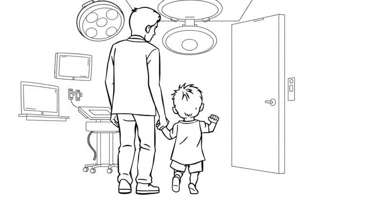 Kleurplaat van een kind en een volwassene die hand in hand lopen in een operatiekamer, met operatielampen en medische apparaten zichtbaar.