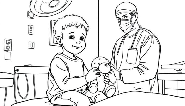 Kleurplaat van een jongen in een ziekenhuis, met zijn knuffel, naast een zorgverlener met mondkapje en medische spullen.