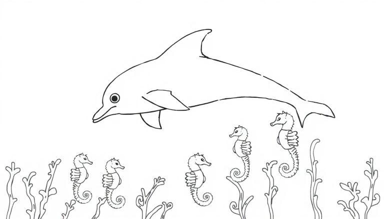 Kleurplaat van een dolfijn die boven zeepaardjes zwemt in een onderwaterlandschap met zeewier.