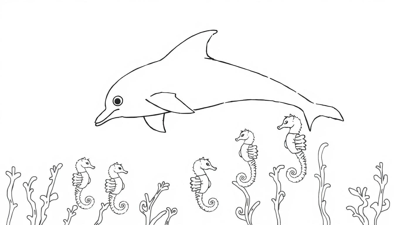 Kleurplaat van een dolfijn die boven zeepaardjes zwemt in een onderwaterlandschap met zeewier.