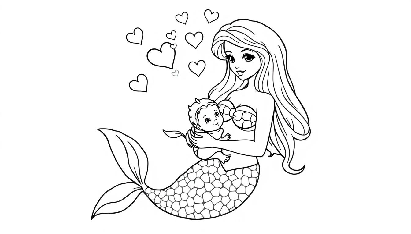 Kleurplaat van een zeemeermin met een baby-zeemeermin omringd door hartjes.