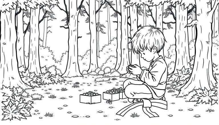 Kleurplaat van een kind in een bos, zittend op de grond, met LEGO-achtige blokken, bomen en gras eromheen.