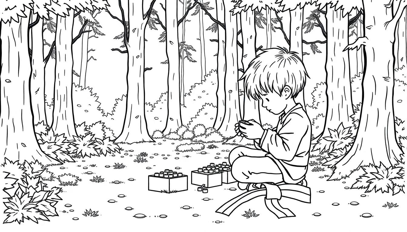 Kleurplaat van een kind in een bos, zittend op de grond, met LEGO-achtige blokken, bomen en gras eromheen.