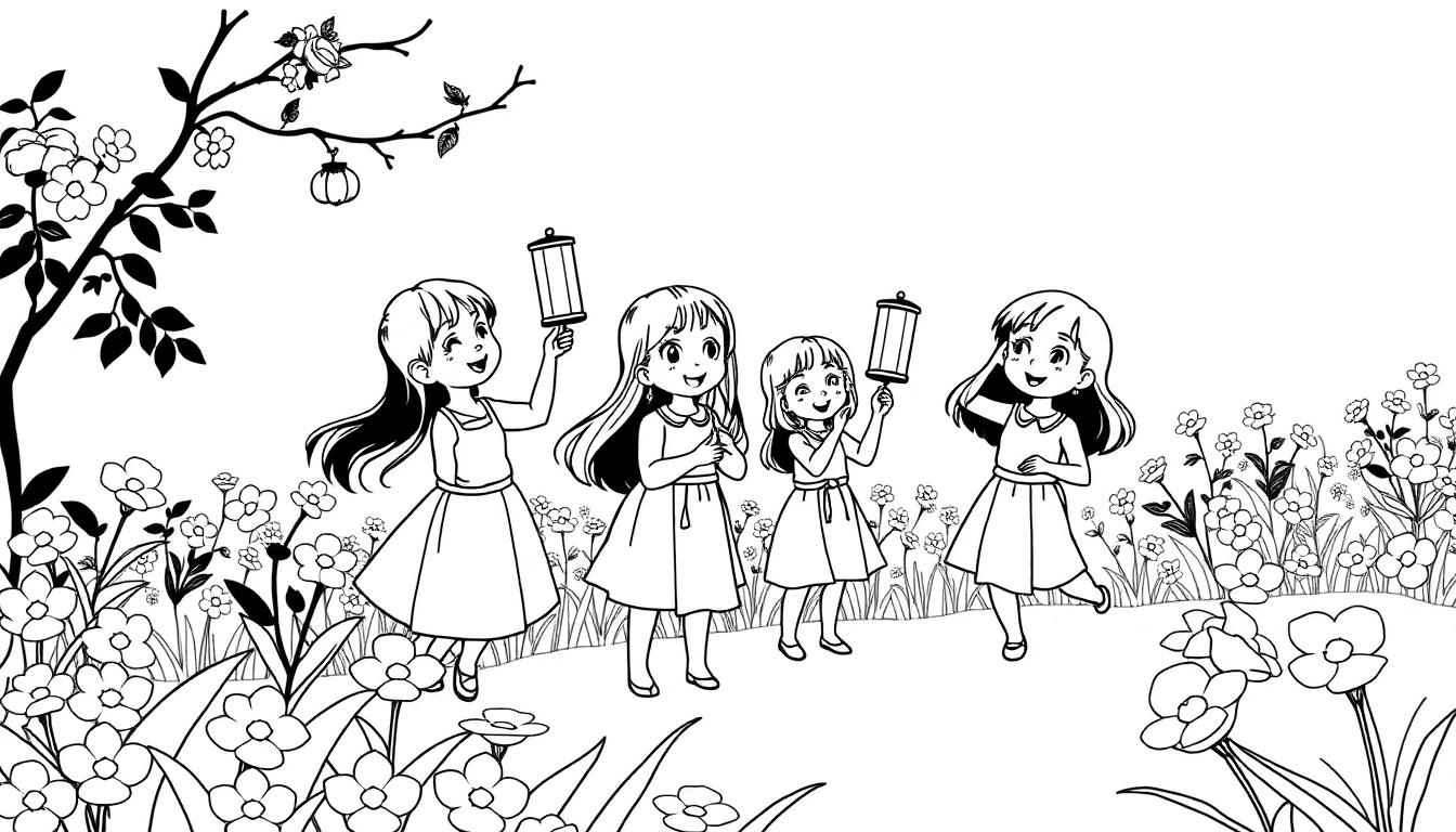 Kleurplaat van vier lachende meisjes met lampionnen in een bloementuin.