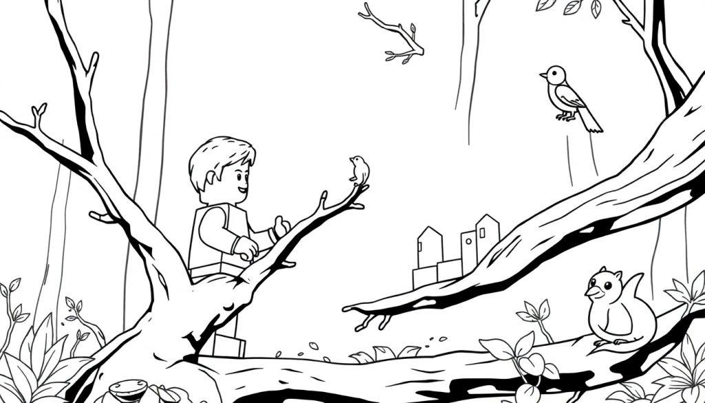 Kleurplaat van een LEGO-achtig figuurtje dat een boomtak vasthoudt, terwijl een vogel op een andere tak zit. Op de achtergrond staan bomen, bladeren en eenvoudige huisjes.