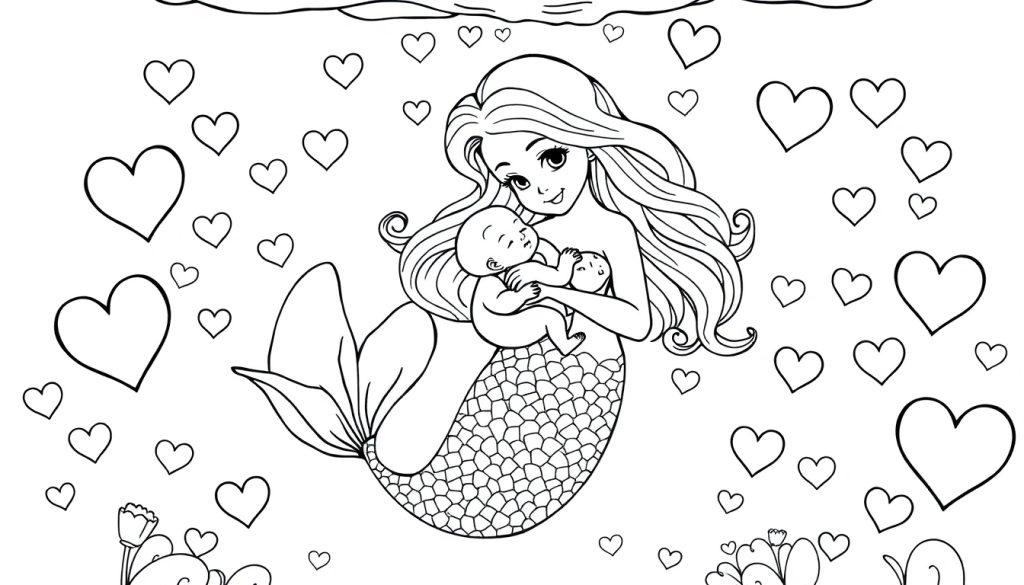 Kleurplaat van een zeemeermin met twee baby's, omgeven door hartjes en waterplanten.