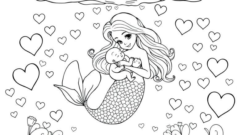 Kleurplaat van een zeemeermin met twee baby's, omgeven door hartjes en waterplanten.