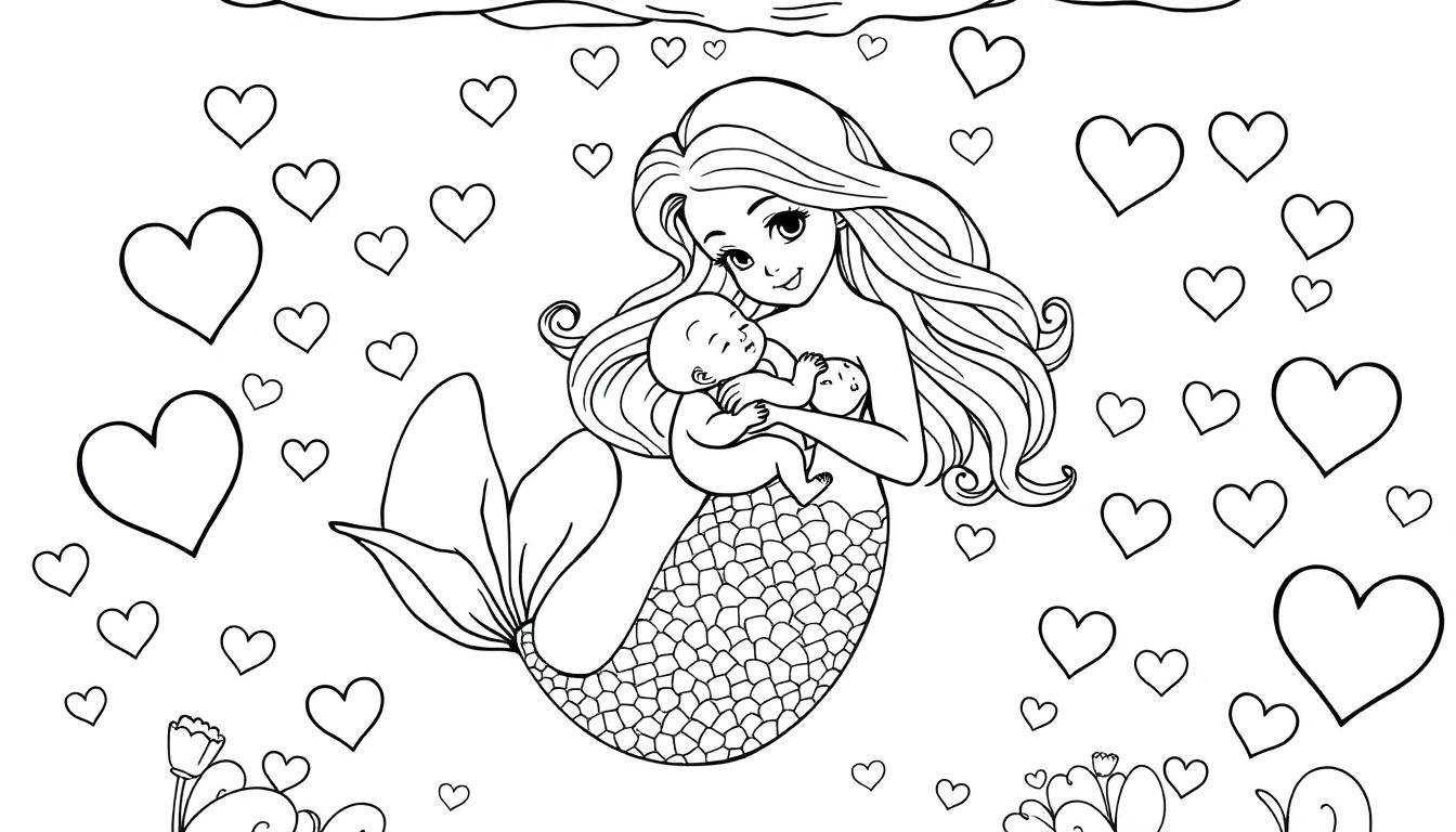 Kleurplaat van een zeemeermin met twee baby's, omgeven door hartjes en waterplanten.