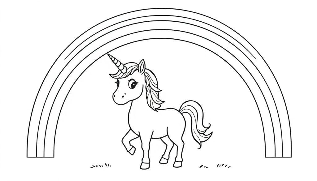 Kleurplaat van een vrolijke eenhoorn met een golvende manen en staart, gras onder zijn hoeven en een regenboog met drie bogen erboven.