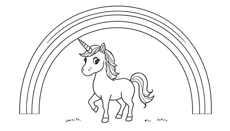 Kleurplaat van een vrolijke eenhoorn met een golvende manen en staart, gras onder zijn hoeven en een regenboog met drie bogen erboven.