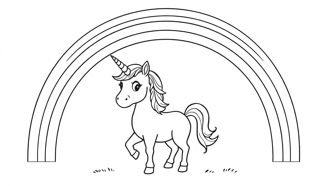Kleurplaat van een vrolijke eenhoorn met een golvende manen en staart, gras onder zijn hoeven en een regenboog met drie bogen erboven.