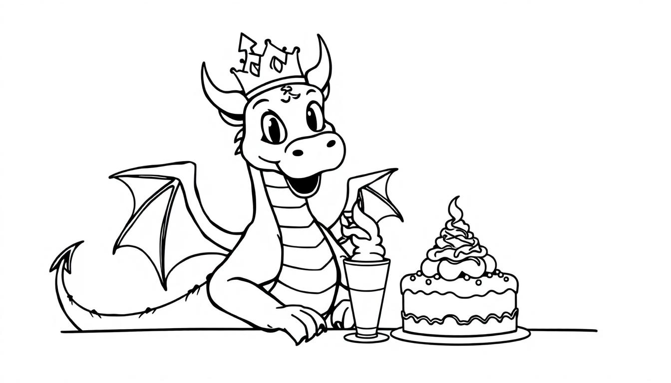Kleurplaat van een vrolijke draak met een kroon die aan een tafel zit met een drankje en een taart.