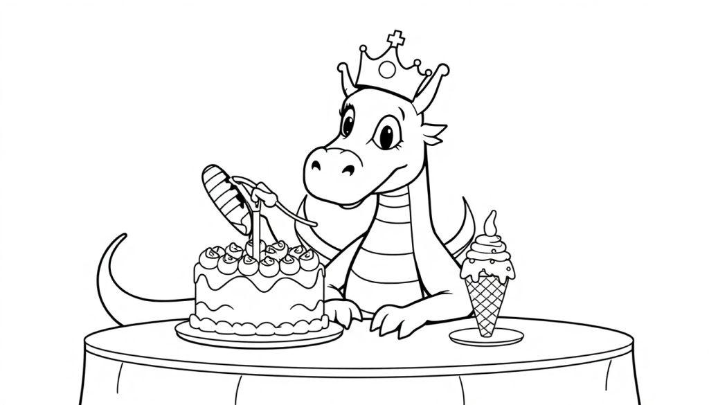 Kleurplaat van een vrolijke draak met een kroon die een taart met een ijsje erbij wil aansnijden.