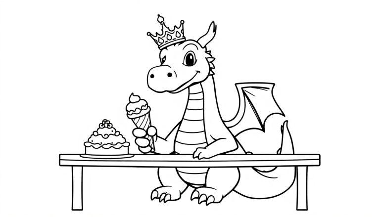 Kleurplaat van een vrolijke draak met een kroon, die aan een tafel zit met een ijsje en een taart.