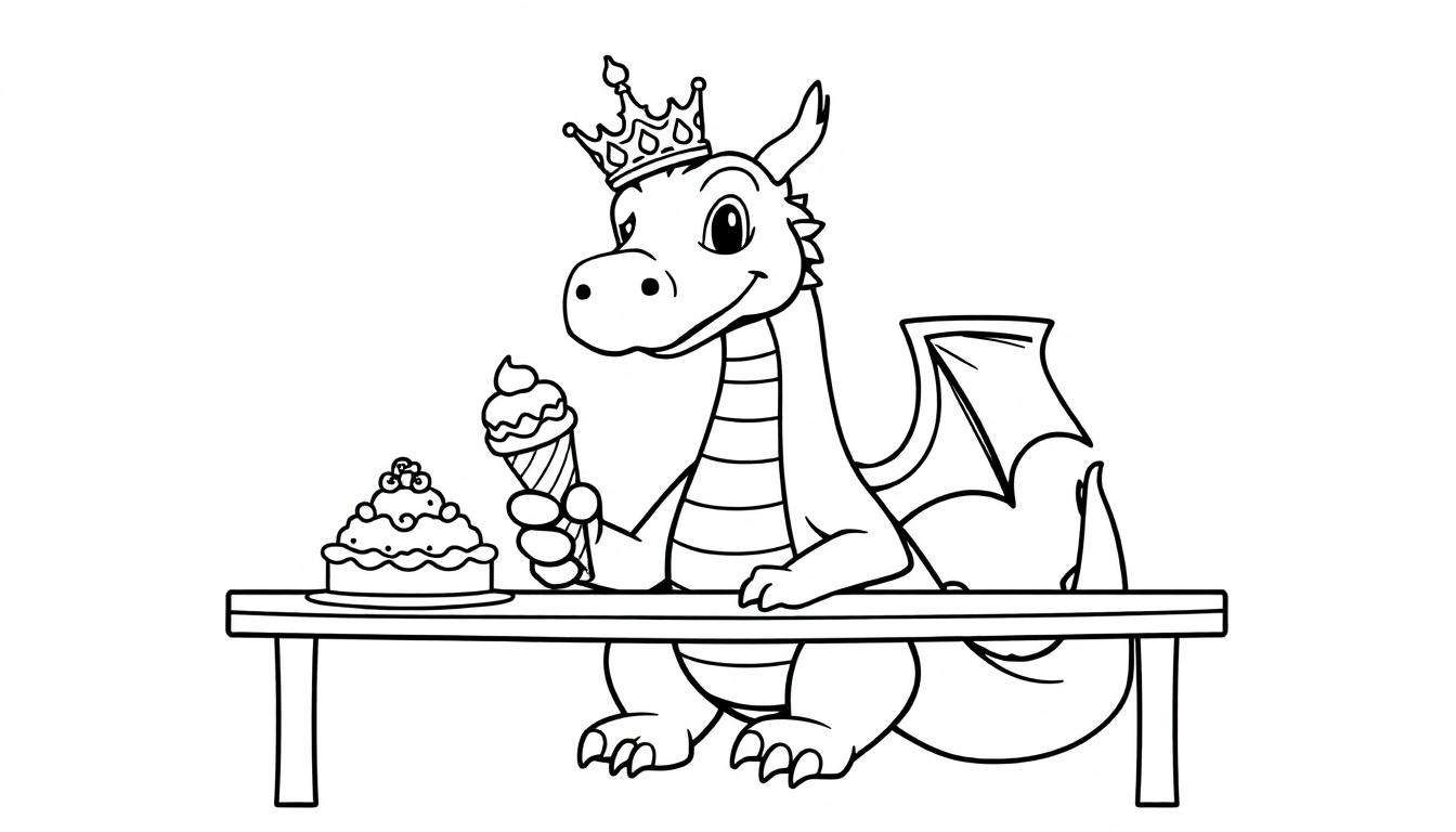 Kleurplaat van een vrolijke draak met een kroon, die aan een tafel zit met een ijsje en een taart.