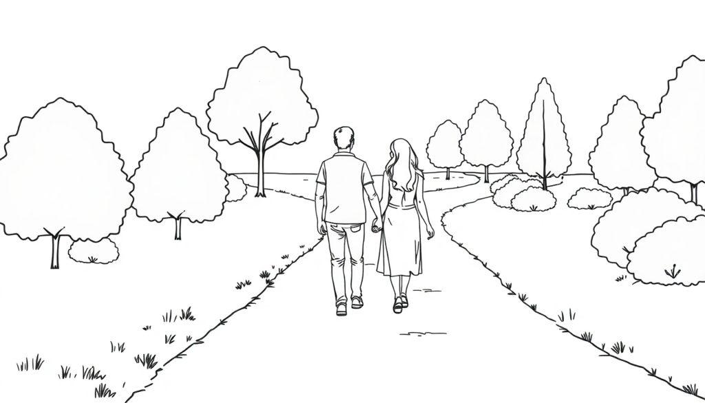 Een kleurplaat van een man en vrouw die hand in hand door een natuuromgeving wandelen met bomen en gras.