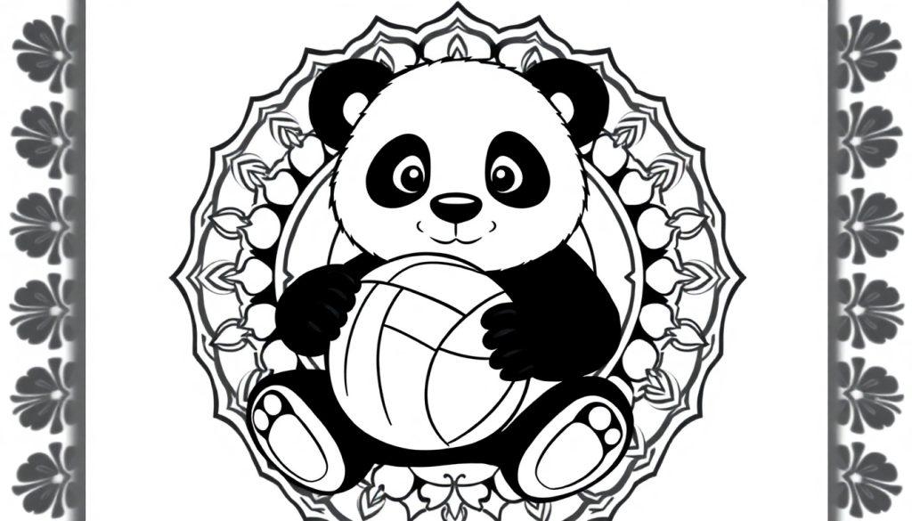 Schattige kleurplaat van een panda met een bal in het midden van een mandala-achtergrond.