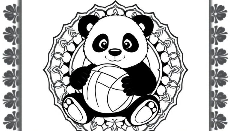 Schattige kleurplaat van een panda met een bal in het midden van een mandala-achtergrond.