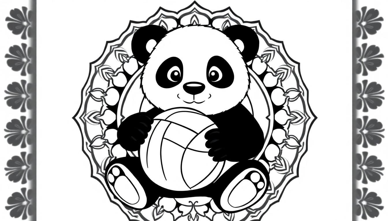 Schattige kleurplaat van een panda met een bal in het midden van een mandala-achtergrond.