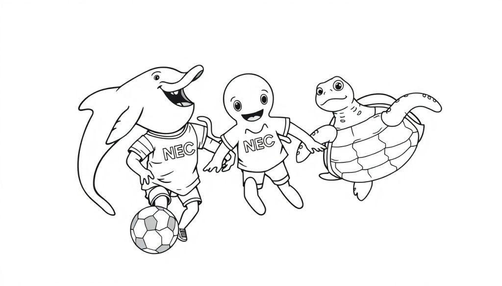 Kleurplaat met een dolfijn, mens en schildpad die NEC-shirts dragen. De dolfijn speelt met een voetbal.