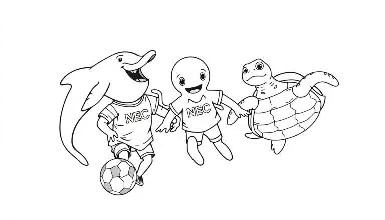 Kleurplaat met een dolfijn, mens en schildpad die NEC-shirts dragen. De dolfijn speelt met een voetbal.