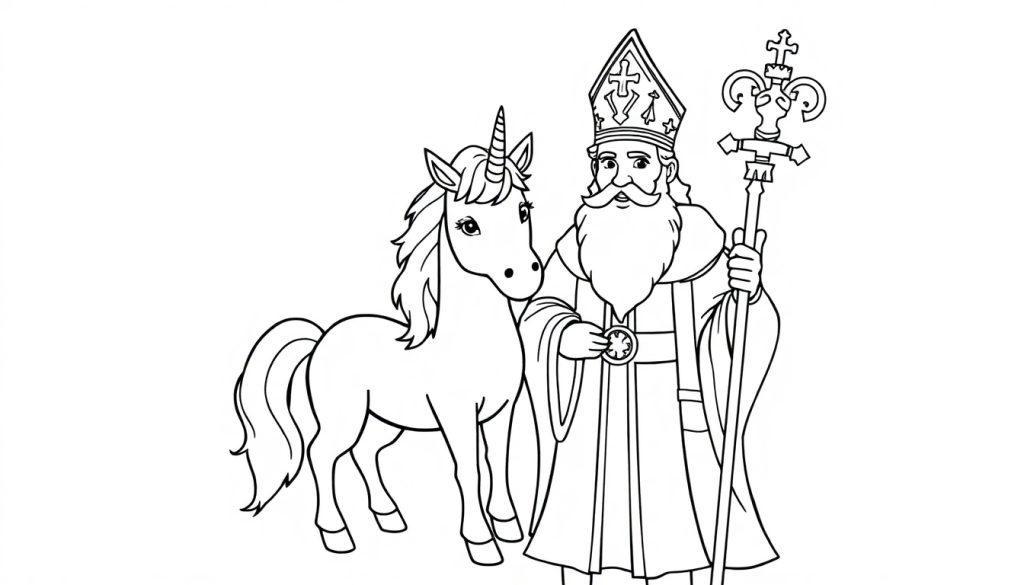 Kleurplaat van een eenhoorn met een hoorn samen met Sinterklaas, die een mijter draagt en een staf vasthoudt.