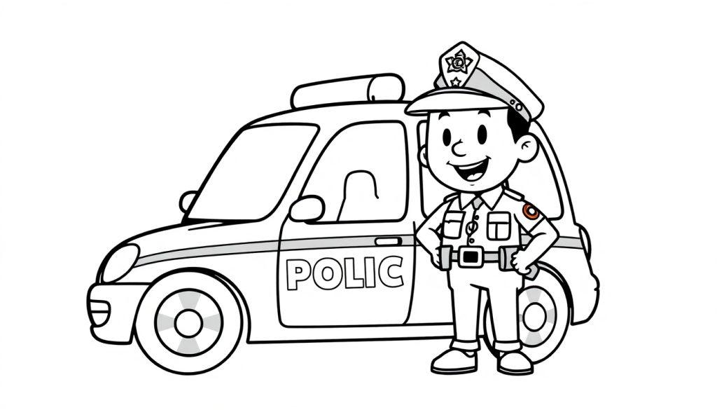 Kleurplaat van een politieagent in uniform naast een politieauto.