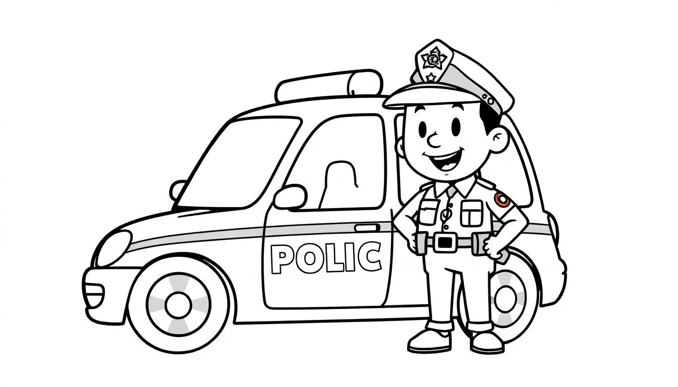 Kleurplaat van een politieagent in uniform naast een politieauto.